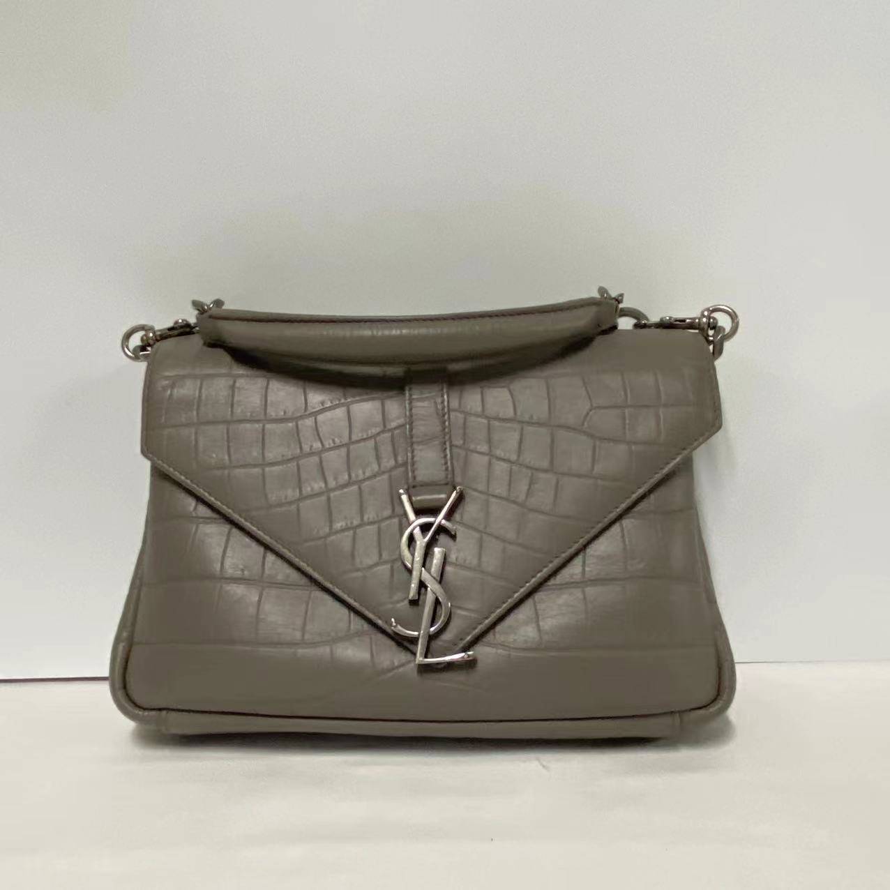 【Welcome Deal】Saint Laurent/YSL Calfskin Croco Embossed Medium Gray Shoulder Bag