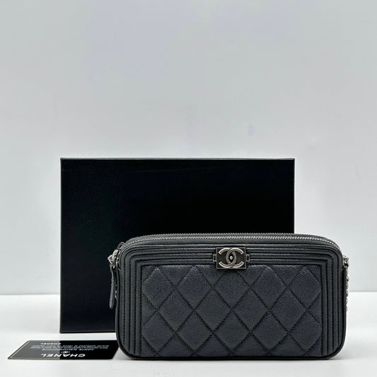 【Welcome Deal】Chanel Caviar Quilted Boy Zip Around Organizer So Black Wallet