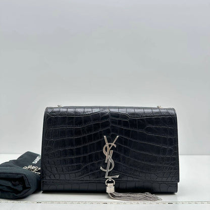 【Welcome Deal】Saint Laurent/ YSL Croco Embossed Kate With Tassel Medium Black Shoulder Bag