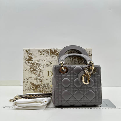 【Welcome Deal】Christian Dior/CD Lambskin Cannage Lady Dior Mini Grey Shoulder Bag