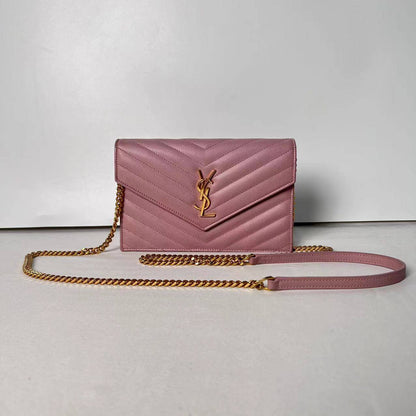 【Welcome Deal】Saint Laurent/ YSL Grain De Poudre Chevron Monogram Pink WOC