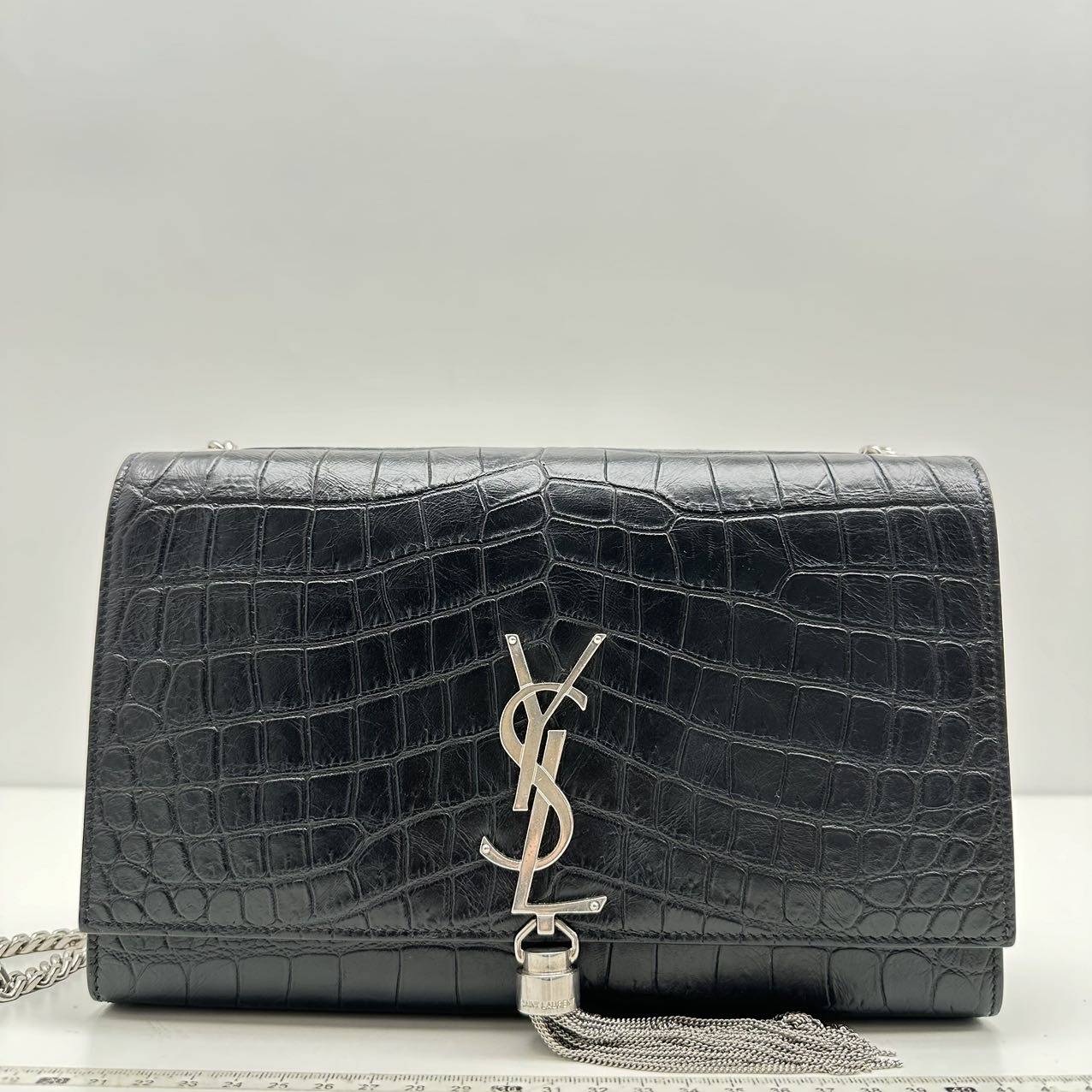 【Welcome Deal】Saint Laurent/ YSL Croco Embossed Kate With Tassel Medium Black Shoulder Bag