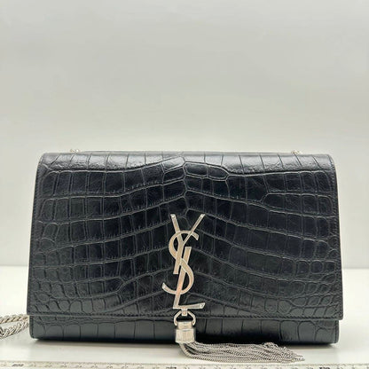 【Welcome Deal】Saint Laurent/ YSL Croco Embossed Kate With Tassel Medium Black Shoulder Bag