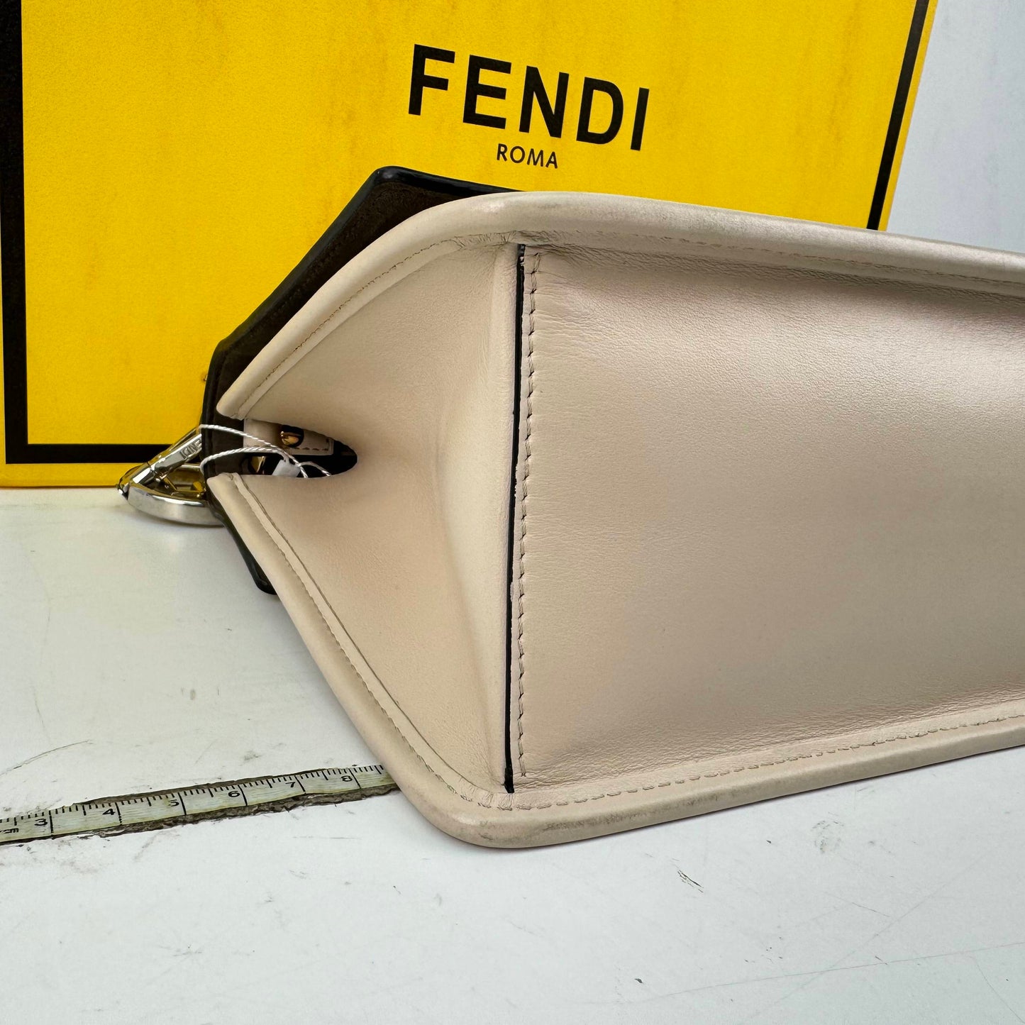 【Welcome Deal】Fendi Calfskin Kanaeyev Cream Shoulder Bag