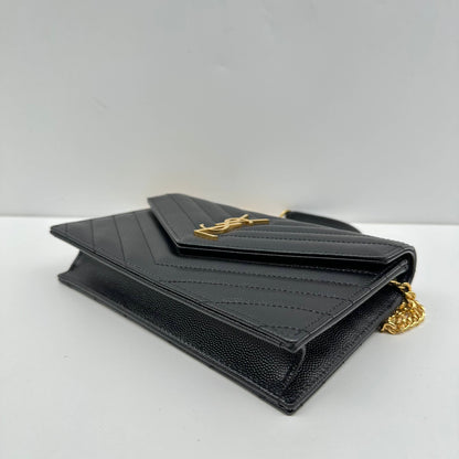 【Welcome Deal】Saint Laurent/YSL Chevron Monogram Envelope Grain De Poudre Black WOC